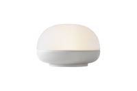 Trådløs rund lampe i cremehvid med opal glas.